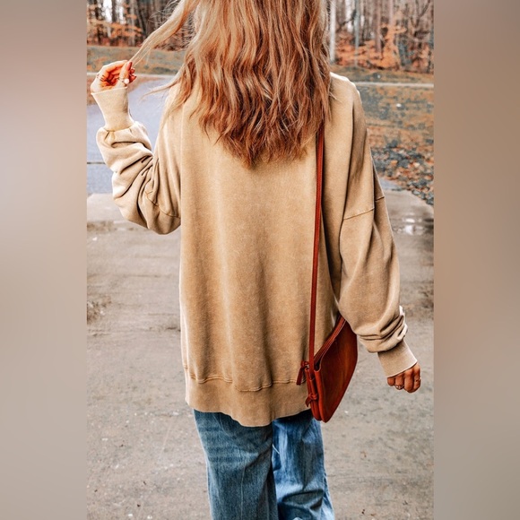 Letter Graphic Drop Shoulder Long Sleeve Slit Sweatshirt - Picture 2 of 3